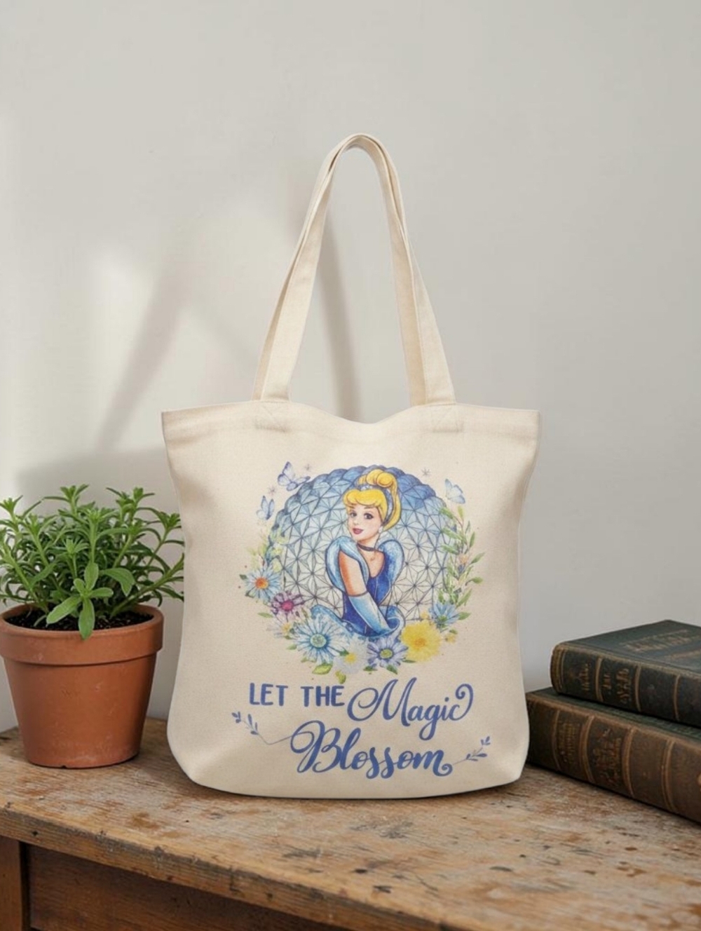 NWT Cinderella Canvas Tote Bag - Cream and Blue